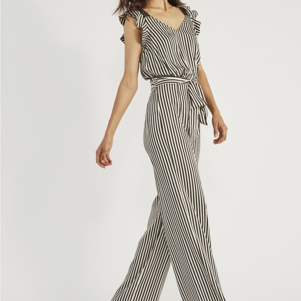 Italian Viscose Jumpsuit NWT Black White Stripe Wide Leg Italy IT 42